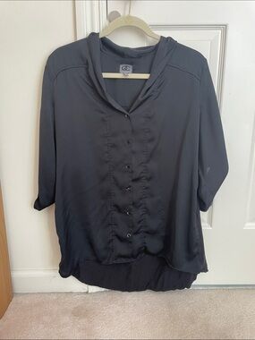 Black Button-Front V-Neck Blouse